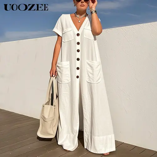 UOOZEE Women's Casual Overalls - Lightweight Basic Simple Solid Cotton Shortsleeve V-Neck Button-Up Romper with Pockets, Soft Fabric Dress, Jumpsuits For Women, Fashion Apparel, Breathable, Minimalist, Button Front, Camisole Layering, Pocket Convenience,,