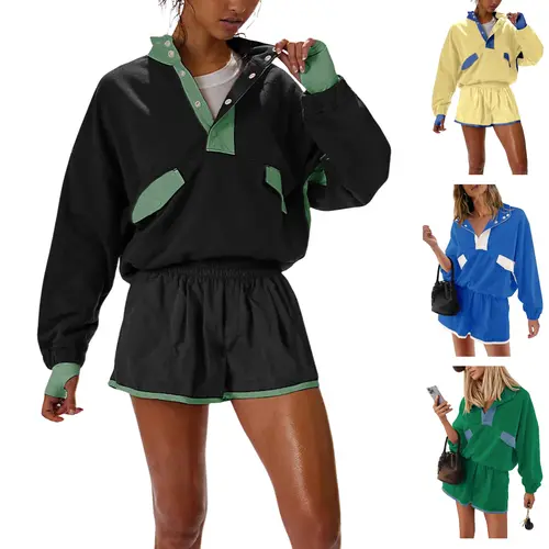 Yeokou Women's 2-Piece Long Sleeve Short Sweatsuit with Pockets - Sports Suit Set for Workout, Travel Lounge Outfits
