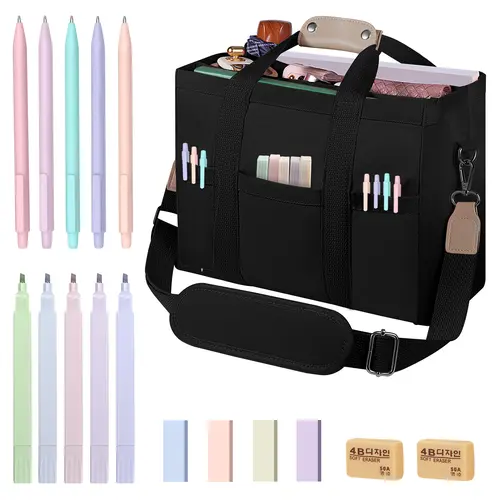 Women's Canvas Tote Bag - Multi-Pocket Premium Fabric Organizer with School Supplies, Adjustable Removable Shoulder Strap, Lightweight Unique Design for Travel, Casual Use, Clothes & College Bag
