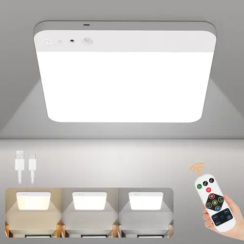 TOOWELL [Back To School] Renter-Friendly Rechargeable Motion Sensor Ceiling Light - Dimmable, Cordless, 6000mAh Batteries, 400LM, Lighting Modes Adjustable, Magnetic, Remote-Controlled Indoor Light for Pantry, Stairs
