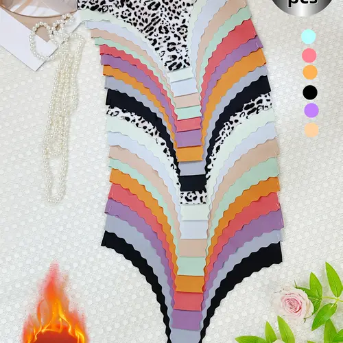 H    20-piece set. Mix of leopard print & solids. One-piece, ultra-thin, seamless panties with wavy edges. Low-rise, quick-dry, breathable. Great for dates, indoor/outdoor, vacations. Pairs well with lingerie.underwear for women.thong.ladies' intimates