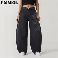 EMMIOL【Back to School】Women Hip Hop Baggy Jeans Wide Leg Mid-Low Waist Barrel Jeans Loose Boyfriends Jeans 90s Vintage Denim Pants casual comfy Black Womenswear Summer Vibes