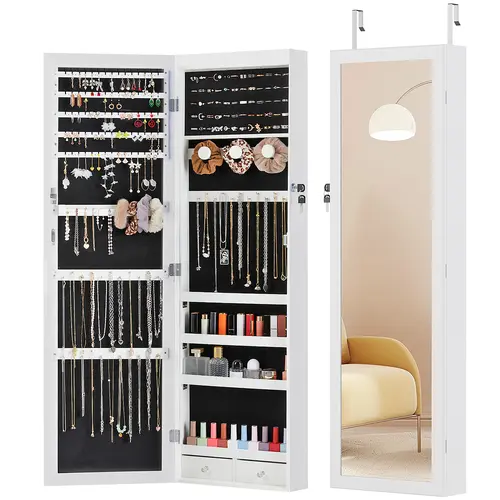 Sweetcrispy Wood & MDF Wood Vertical Cabinet Jewelry Organizer Armoire - Lockable, Full-Length, Compartmental, Full-View Mirror, 2 Built-In Drawers, Energy-Efficient LED Lights, Adjustable, Wall/Door Mount, Closet Organization, Ideal Home Furniture Gift,