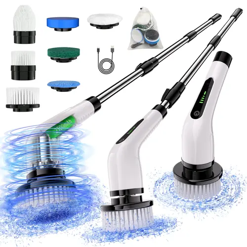Cordless Rechargeable Electric Spin Scrubber - Type-C Quick Charge, Full Body Waterproof, Battery Level Display, 7 Replaceable Heads, Adjustable 2-Speed, Detachable Long Telescopic Reach Handle for Kitchen, Bathroom, Handheld, Household Items