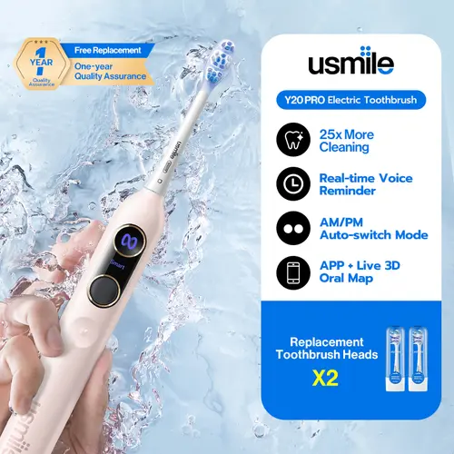 usmile Y20 PRO AI Rechargeable Electric Toothbrush - AI Mode, 5 Cleaning Modes, Plaque Removal, App Sync, Bone-Conduction Prompts, 90 Days Battery Life, USB-C Battery Charging