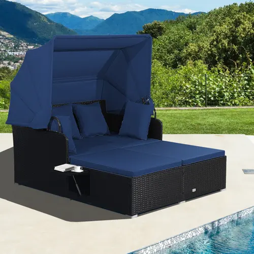 COSTWAY Patio Rattan Daybed, Patiojoy Wicker Daybed Lounger w/Retractable Canopy, 2 Foldable Side Panels, Thick Seat & Back Cushions, Double Conversation Bed for Garden, Backyard, Porc