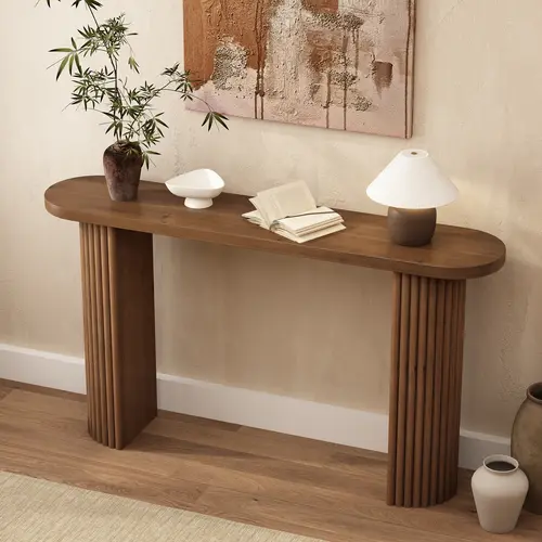 Fluted Solid Wood Console Table Farmhouse Entryway Table with Rounded Corners, Morden Sofa Tables Behind Couch for Foyer, Entrance, Living Room, Hallway