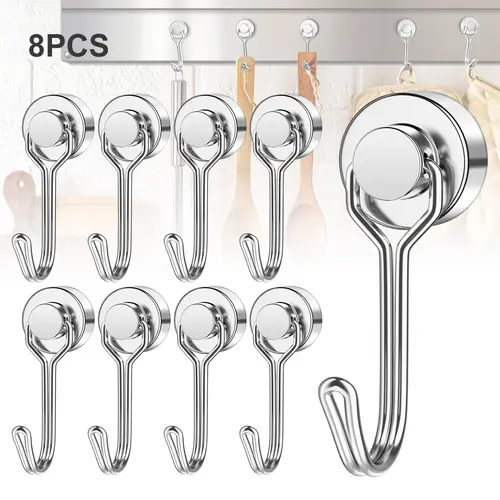 8 Silver Circular Shiny Metal Heavy-Duty Magnetic Hooks, 30lbs+ Strong Hold Hardware, Portable Size A3 Steel Multi-Surface Home Organizer for Cruise Cabin, Grill, Refrigerator