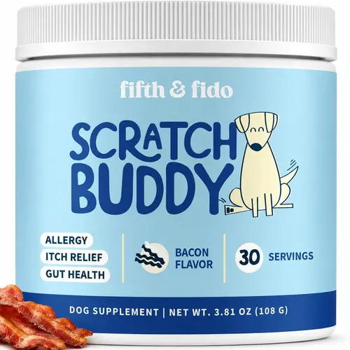 Fifth & Fido Scratch Buddy Dog Food Topper Powder - Bacon-Flavored Probiotic Immune Booster with Turkey Tail, Turmeric, Quercetin, Krill Oil, Mild Aroma - USA-Made Fur & Skin Care Supplement, Limited Natural Ingredients, Boost Immune Response