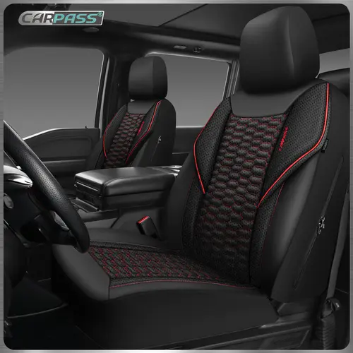 CAR PASS PU Leather Foam Mesh Breathable Waterproof Car Seat Covers for 2/5 Seats, Universal Car Seat Protectors, Suitable for Most Auto Truck Van SUV, Airbag Compatible, Protects Against Spills & Scratches, Car Accessories, Black&Red Front & Rear Covers