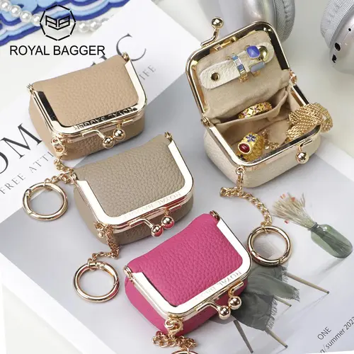 Royal Bagger Women's Vintage Genuine Leather Mini Coin Purse & Jewelry Organiser with Kiss Lock Closure, Gold Trim, and Removable Keychain, Basic, Plain, Coin Wallet, Casual, Wallets For Women, Everyday Carry, Mini Pouch, Coin Holder