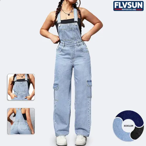 Flvsun Women's Strappy Basic Plain Sleeveless Denim Wide-Leg Cargo Bib Overalls - Adjustable Straps, Loose-Fitting Baggy Jumpsuit, Casual Comfy All Seasons Women's Clothing