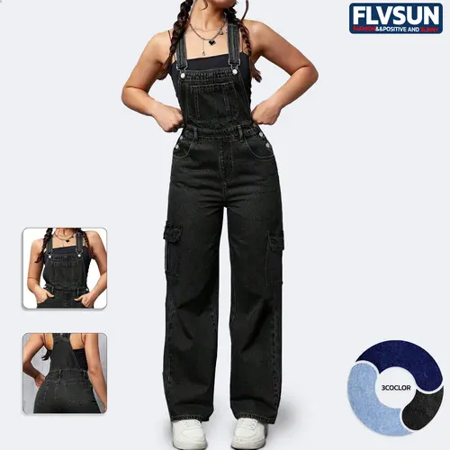 Flvsun Women's Sleeveless Plain Polyester Wide-Leg Cargo Overalls - Adjustable Straps, Adjustable Waist, Loose-Fit Bib Jumpsuit, Stylish Women's Wear, Adjustable Waist Overalls, Women's Clothing, Fashion Apparel, Women's Clothes, Overalls For Women