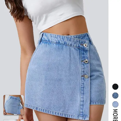 Flvsun Women's High-Waisted Button-Front Denim Wrap Skort with Pocket - Minimalist Basic Women's Clothes, Plain Mini Skirt Bottoms, Elegant Casual Denim Skort Skirts