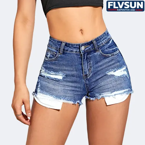 Flvsun Women's Summer Low-Rise Ripped Stretchy Slim Skinny Cotton Jean Shorts - Plain, Casual, Folded Hem Distressed Minimalist Piece with Pocket, Women's Bottoms, Women's Clothes