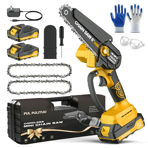 PULITUO Upgraded 6-in Battery-Powered Cordless Mini Handheld Chainsaw, 2.8lb Portable DIY Tool, 880W 4020 RPM, 100+ Charge Cycles, Overheat Protection, Safety Lock, Gloves & Glasses Included, Tools & Gadgets for Yardwork, Gift for Dads