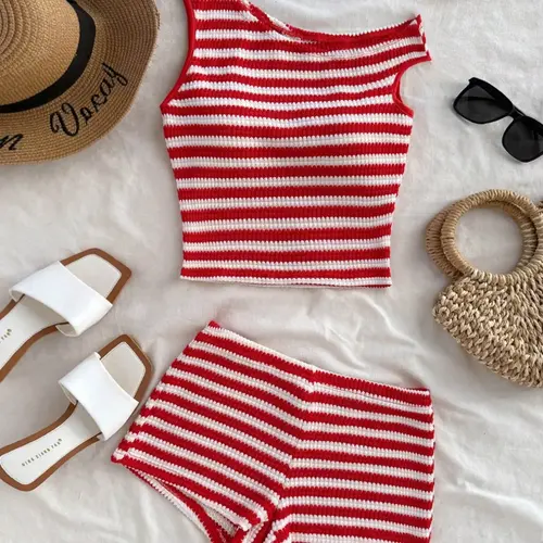 Shoulderless Sleeveless Shorts Set, Casual Retro Striped Two-Piece, Street Style, Perfect for Travel, Shopping, Parties, Daily Wear, Summer Outfit Set