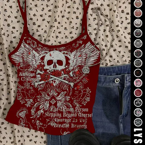 Halloween Festival Rock Retro Skull Skeleton Eagle Print Crop Top, Slim-Fitting Casual Summer Vest, Trendy Women's Fashion for Parties