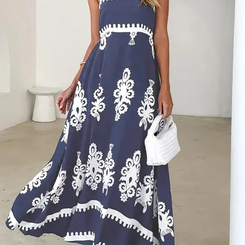 Women's Ethnic Pattern Pocket Spaghetti Strap Cami Dress, Boho Casual Comfy Chic Sleeveless A Line Long Dress for Beach Holiday Vacation, Ladies Summer Clothes, Chic Beach Wear, Bohemian Print Dresses