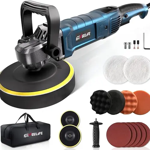 GEVEELIFE Heavy Duty Portable Orbital Car Buffer Polisher Tool Kit - 1600W, 6/7-in, 7-Speed Control (1000-3500 RPM), 4.5lb, Constant Power, Detachable Grip, Pads Kit for Multiple Surfaces Sanding/Polishing, Black Father’s Day Gift