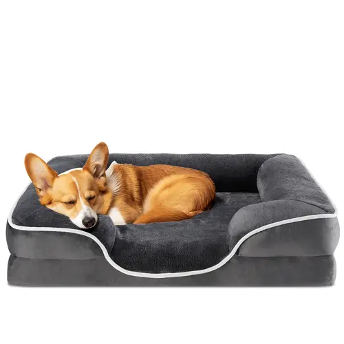 Sweetcrispy [Deal] Large Dog Orthopedic Bed - Classic Modern Fleece Cotton Dog Sofa with Supportive Memory Foam, Washable Removable Cover, Non-Slip Base, Waterproof Design for Joint Relief, Pressure Ease, Consistent Support