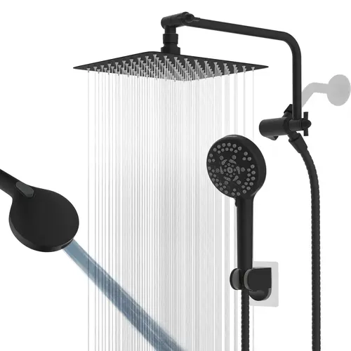 Hibbent Matte Black High Pressure Double Heads Shower Head Combo - 10" Rainfall, 7-Spray Handheld, 11" Brass Arm, 71" Hose, 3-Setting Wall Mount Diverter, Adjustable, Anti-Splash, Pressure-Boosting, Easy Install, Adjustable Showerheads & Handheld Showers