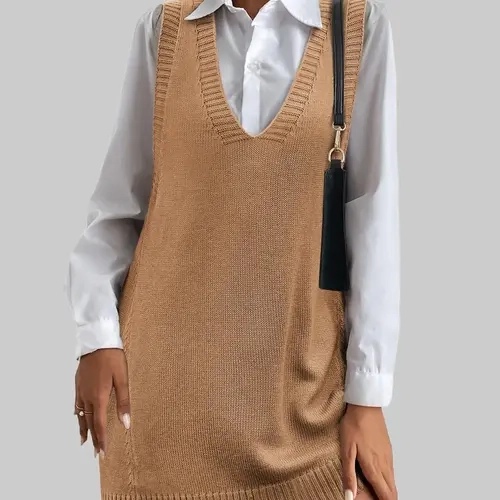 ZEAGOO Women's Sleeveless V-neck Ribbed Knit Sweater Vest Dress - Lightweight Solid Casual Wear with Side Pockets, Heart-Accented Basic Minimalist Womenswear for Spring