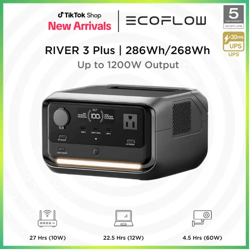 RIVER 3 Plus, 268Wh LiFePO4 Battery, 3 Up to 1200W AC Outlets, <10 MS UPS, Expandable to 840Wh, <30 dB Quiet, 1Hr Fast Charging, ECOFLOW Power Station #dealsforyoudays