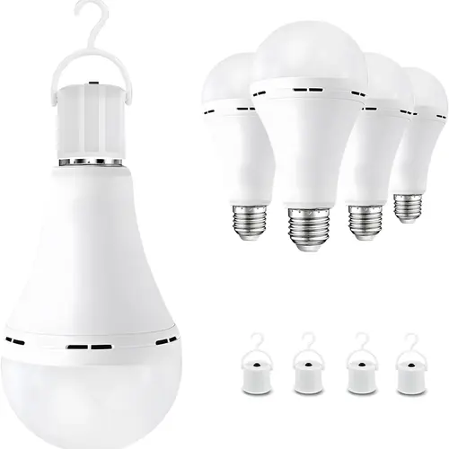 Rechargeable Emergency LED Bulb with Hook, 12W (60W Equivalent) 800mAh Lighting, Automatic Recharge When Light Is On, Energy-Saving, Great for Power Failure, Camping, Hiking, Home Use