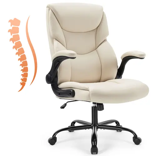 Sweetcrispy Ergonomic Leather Office Desk Chair - Chair for Desk with Armrests, Adjustable Swivel Design, Lumbar Relief, Durable Nylon Base Stands Up to Work, Silent Floor Roll Wheels