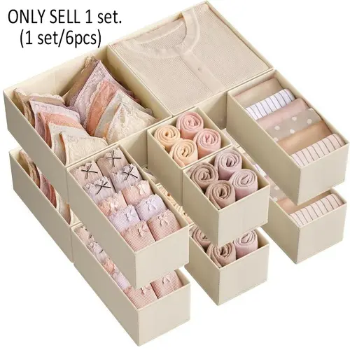 Set of 6 Drawer Storage Boxes, Compartmentalized Foldable Fabric Organizers for Socks, Bras, Belts and Scarves, Christmas Gift Idea for Her and Him, Collapsible Storage Boxes, Collapsible Storage Bins, Foldable Storage Containers