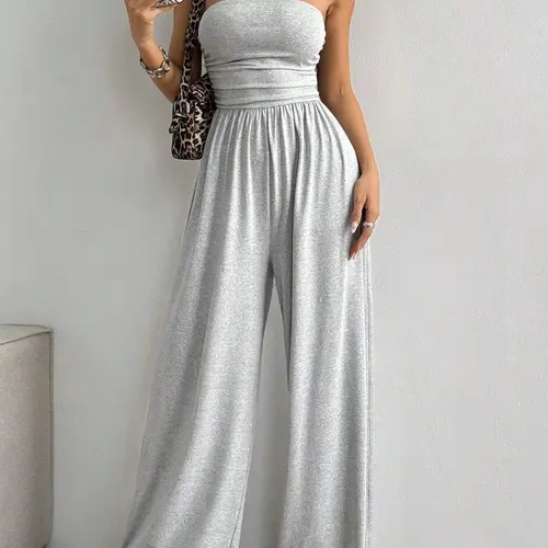 Women's Solid Color Tube Jumpsuit, Casual Fashion Jumpsuit for Daily Wear, Women's Jumpsuit for Summer, Casual Jumpsuits, Casual Comfy Jumpsuit