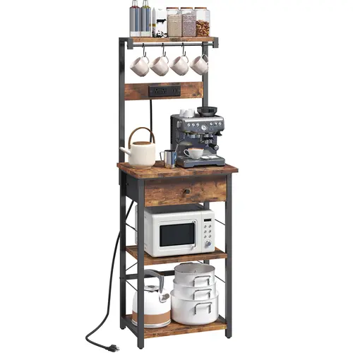 Mahancris Retro Kitchen Metal Frame Bakers Rack - Rustic Brown & Black, 4-Tier Shelves, Drawer, Built-In Power Charging Station (Less Cords), Hooks, Coffee Bar Station, 13.4" Wide Compact Fit, Adjustable Feet (Kitchen Use)