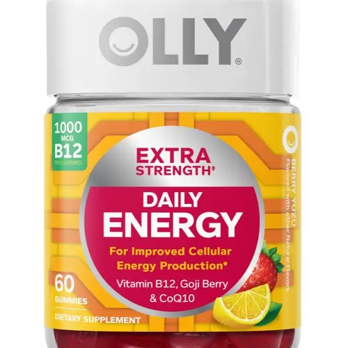 OLLY Extra Strength Daily Energy Dietary Gummy - Caffeine Free, 1000mcg Vitamin B12, CoQ10, Goji Berry, Adult Chewable Supplement, Berry Yuzu Flavor, 60 Count