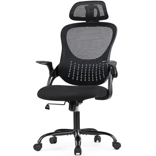 Sweetcrispy Ergonomic High-Back Mesh Computer Desk Chair - 5-Star Base Stays Steady, 360° Smooth Roll Wheels, Adjustable Headrest Eases Neck Strain, Lumbar Support, Flip-Up Arms Save Space