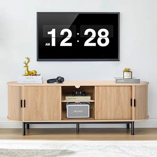 FurSch 62" TV Stand,Wood Mid Century Modern TV Cabinet for Up to 65“ TV,Curved Edge Long TV Stand with Storage for Bedroom Living Room Furniture