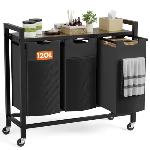 Sweetcrispy Black Metal Frame Laundry Hamper Sorter - 2 Pull-Out Removable Bags, Transport Wheels, 85L (2×11.2 Gal) Eco-Friendly Laundry Room Organiser, Sleek Look Fits Bedroom or Bathroom