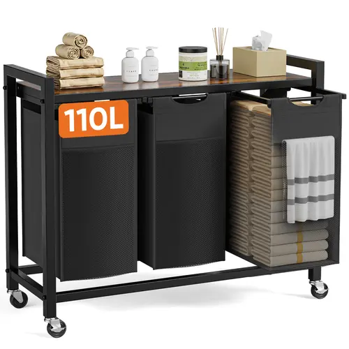 Laundry Hamper, Laundry Sorter with Shelf, Clothes Basket Organizer with 2 Pull-Out and Removable Bags, Movable Wheels for Laundry Room Bathroom Bedroom, Metal Frame, Black, Rolling Laundry Basket, Dirty Clothes Basket, Laundry Bin Sorter, Transport Wheel