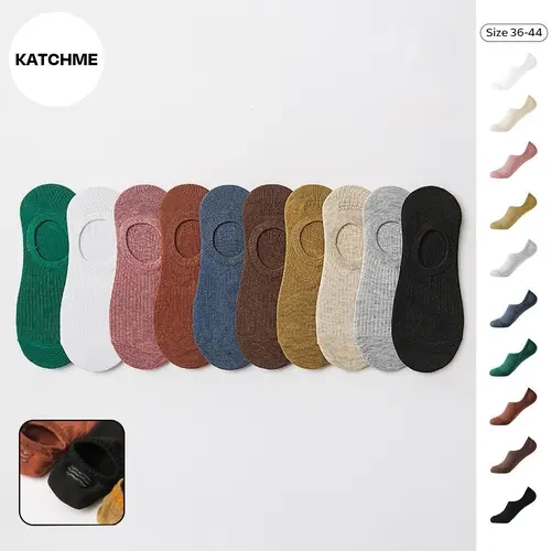 KatchMe Women's Versatile Plain 10-Pack Ribbed No-Show Socks, Solid Color Cotton Socks, Casual Socks for All Seasons, Multi-Pack Invisible Socks