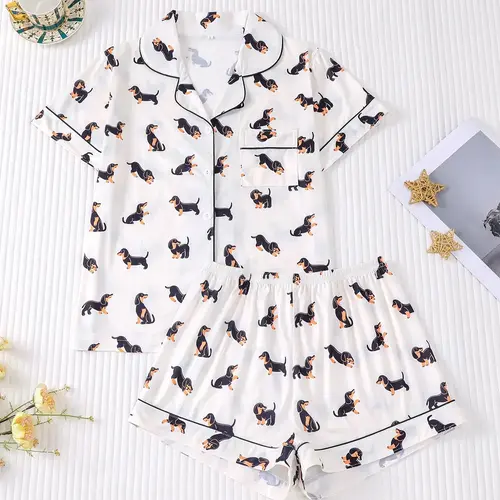 Women's Dachshund Print Short-Sleeve Top & Elastic Waist Shorts Pajama Set, Casual Comfy Loungewear for Summer Nightwear