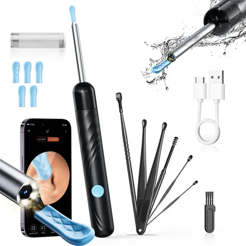 [Back to School] Wireless Earwax Remover Stick with 1080P HD Camera, Earpick Flashlight, 6-Piece Silicone Ear Spoons, USB Rechargeable Silicone Ear Cleaning Tools for 6-Tool At-Home Care, iOS & Android