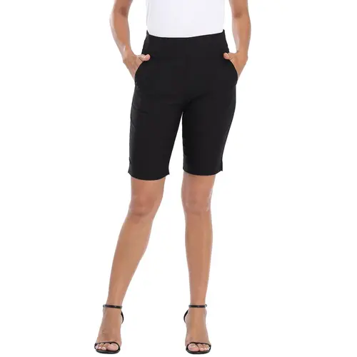 HDE Women's Mid-Rise Pull-On Straight Leg Bermuda Shorts - 10" Inseam, Tummy Control Elastic Waistband, Pockets, Breathable Lightweight Rayon Blend Fabric, Flattering Fit, Hip-Enhancing, Khaki/Charcoal Solid, Casual Everyday Wear Bottoms, Stretch, Elastan