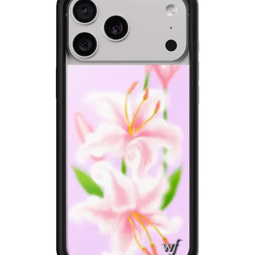 Sweet Lily | Limited Edition Trendy Collab iPhone Case | Raised Protective Black Bumper | Women Owned Small Business | Pink Background Vibrant Pink and White Lily Green Leaves | Safety Casing Protective | Gift for Her