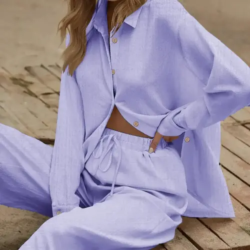 Two-piece Set Women's Solid Color Button Front Shirt & Wide Leg Pants, Casual Comfy Set for Daily Wear, Ladies Clothes for All Seasons, Casual Lounge Set, Casual Summer Set