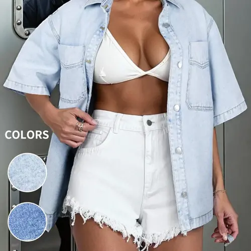 Short Sleeve Denim Jacket for Women, Classic Button Down Denim Jacket with Chest Pockets, Fashion Women's Clothing for Daily Wear, Vintage Western Trucker Jacket Coats