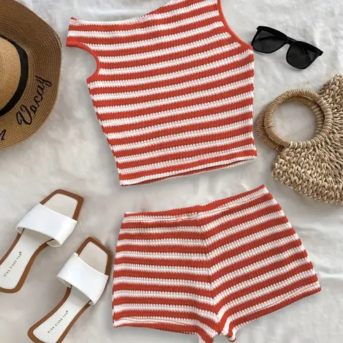 Women's Striped Pattern Asymmetrical Top & Shorts Set without Accessories, Casual Sleeveless Top & Shorts, Ladies Summer Outfit, Summer Gift Set Clothes