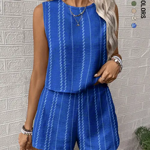 Two-piece Set Sleeveless Matching Sets Women's Striped Print Crop Tank Top & Shorts, Casual Sleeveless Round Neck Top & Shorts for Summer, Ladies Clothes for Daily Wear