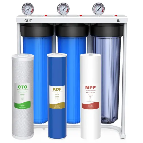 SimPure Whole House Water Filter System, 3 Stages 20x4.5in Clear Home Water Pre-Filtration with Carbon Sediment and KDF Filters, Reduce Iron, Chlorine, Manganese, Lead, Heavy Metals(DB20P-3KDF), Family Homes, Indoor Use, Carbon Fiber