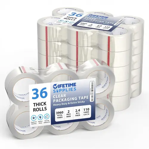 Lifetime Supplies 36 Rolls 2" Premium Packing Tape, 110yd, 2.4 mil, Heavy Duty with Strong Adhesive Grips Through Moves, Fits Standard Tape Guns, for Shipping/Moving, Seals Boxes for Storage