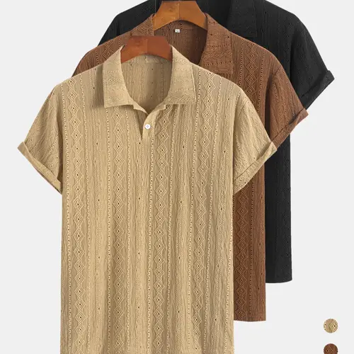 Men's Jacquard Buttoned Polo Shirt Set, Regular Fit Trendy Casual Short Sleeve Top for Summer, Men's Clothes for Daily Wear, Casual Polo Shirts